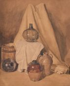 PETER DE WINT (BRITISH 1784-1849), A STILL LIFE OF POTS AND A BARREL ON A DRAPED LEDGE