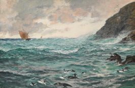 CHARLES NAPIER HEMY (BRITISH 1841-1917), WAVES CRASHING ON A ROCKY SHORE