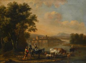 FOLLOWER OF JAN CORNELIS HOLBLOCK, DROVERS WITH CATTLE IN AN ITALIANATE LANDSCAPE