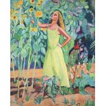 λ EDWARD WOLFE (BRITISH 1897-1981), GIRL IN A GARDEN WITH SUNFLOWERS