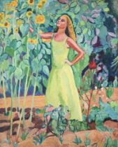 λ EDWARD WOLFE (BRITISH 1897-1981), GIRL IN A GARDEN WITH SUNFLOWERS