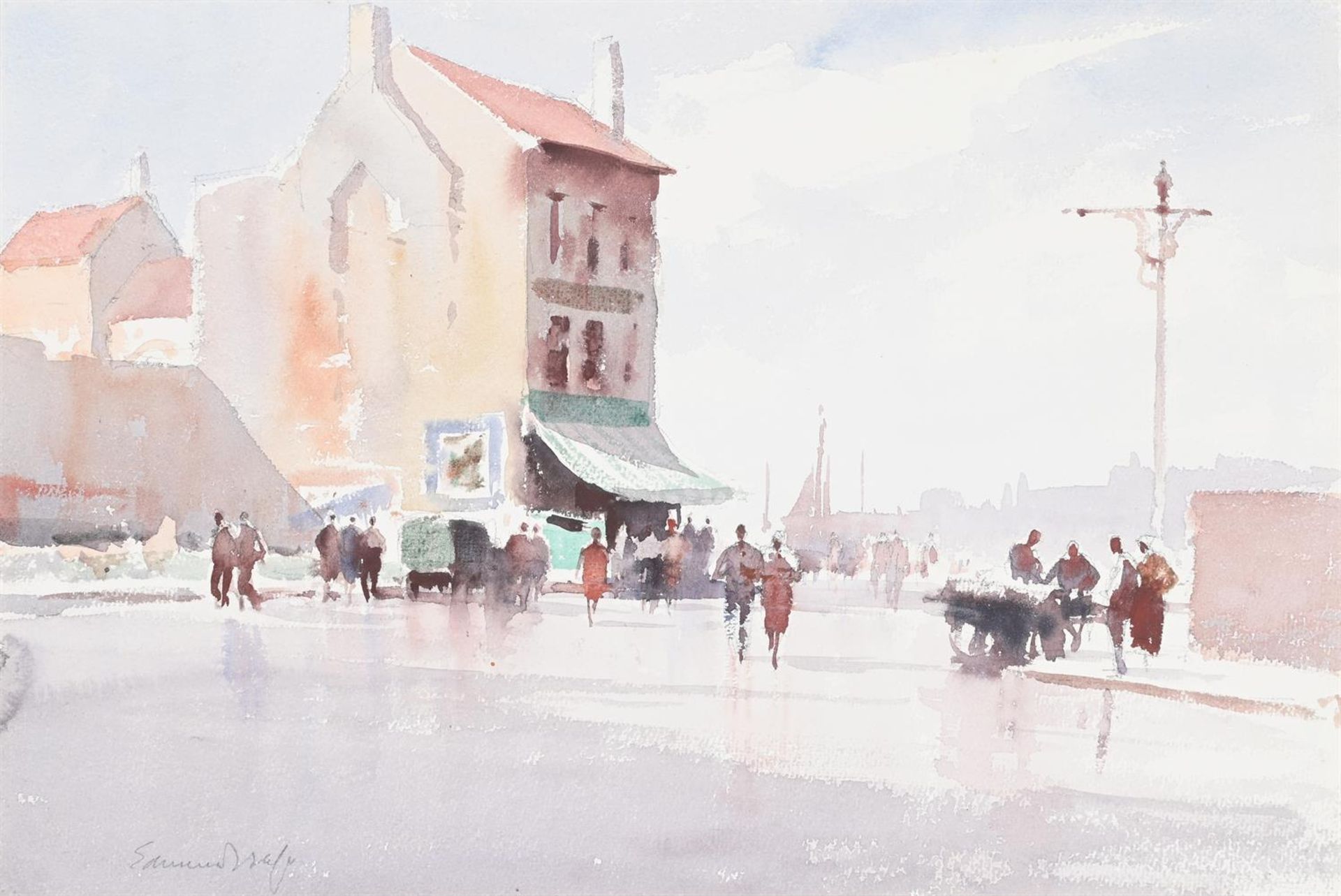 λ EDWARD SEAGO (BRITISH 1910-1974), RAINY STREET SCENE, DIEPPE