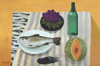 λ MARY FEDDEN (BRITISH 1915-2012), THE STRIPED CLOTH