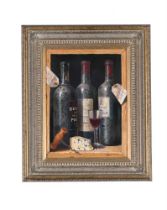 λ RAYMOND CAMPBELL (BRITISH B. 1956), STILL LIFE OF VINTAGE PORT, WINE AND CHEESE