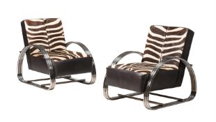 A PAIR OF CHROME AND ZEBRA PATTERN UPHOLSTERED 'HUDSON ST. LOUNGE CHAIRS'BY RALPH LAUREN HOME