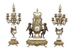 A GILT METAL AND WHITE MARBLE CLOCK GARNITURE IN LOUIS XVI STYLE