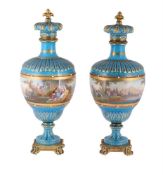 A PAIR OF SEVRES STYLE TURQUOISE GROUND GILT AND 'JEWELLED' GILT METAL MOUNTED VASES AND CROWN-SHAPE