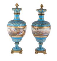 A PAIR OF SEVRES STYLE TURQUOISE GROUND GILT AND 'JEWELLED' GILT METAL MOUNTED VASES AND CROWN-SHAPE