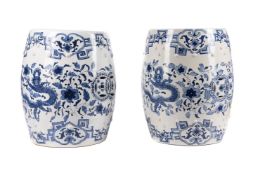 A PAIR OF ASIAN BLUE AND WHITE PORCELAIN BARREL-SHAPED GARDEN SEATS