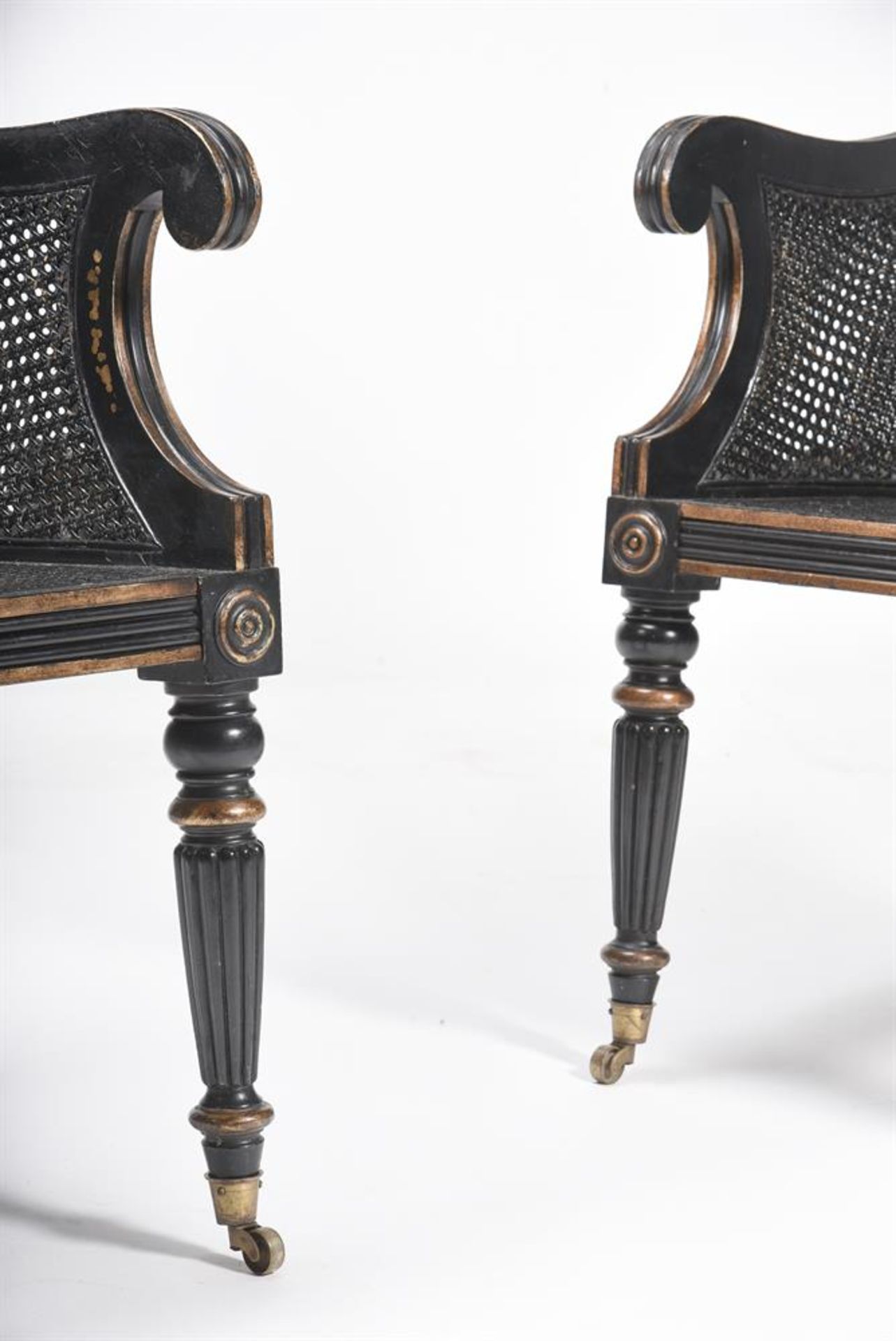 A PAIR OF EBONSIED BERGERE AMRCHAIRS IN GEORGE IV STYLE - Image 2 of 2