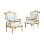 A PAIR OF ITALIAN GILTWOOD AND WATERED SILK UPHOLSTERED ARMCHAIRS