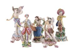 A GROUP OF FIVE VARIOUS BOW POLYCHROME PORCELAIN FIGURES