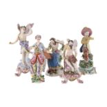 A GROUP OF FIVE VARIOUS BOW POLYCHROME PORCELAIN FIGURES