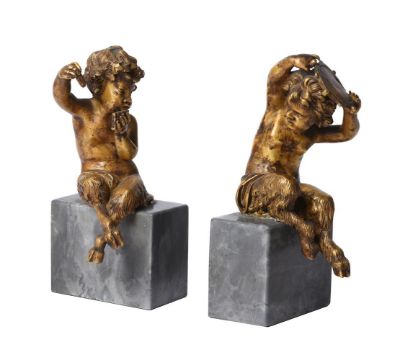 A PAIR OF FRENCH GILT BRONZE AND MARBLE BACCHANALIAN BOOKENDS