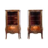 A PAIR OF FRENCH PARQUETRY, MARQUETRY, AND GILT METAL MOUNTED DISPLAY CABINETS