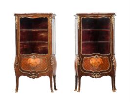 A PAIR OF FRENCH PARQUETRY, MARQUETRY, AND GILT METAL MOUNTED DISPLAY CABINETS