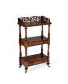 Y AN EARLY VICTORIAN ROSEWOOD THREE TIER ETAGERE