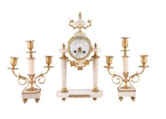A FRENCH GILT METAL AND WHITE MARBLE CLOCK GARNITURE