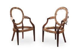 A PAIR OF GEORGE III MAHOGANY OPEN ARMCHAIR FRAMES