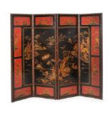 A LEATHER AND CHINOISERIE DECORATED FOUR-FOLD ROOM SCREEN