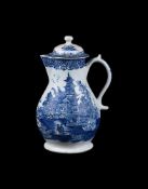 A LOWESTOFT BLUE AND WHITE NOBLE JUG AND COVER
