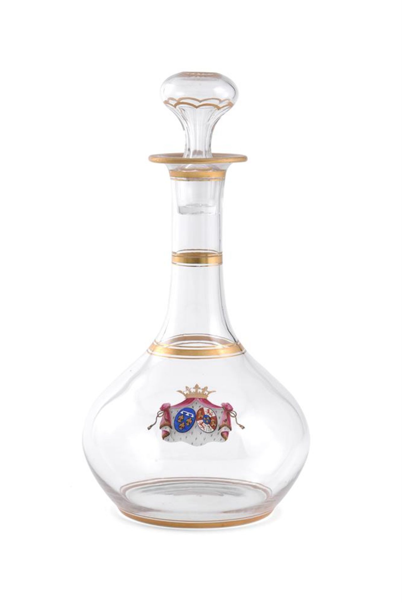 A FRENCH GLASS COMMEMORATIVE ARMORIAL DECANTER AND STOPPER