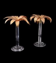 A PAIR OF WILLIAM YEOWARD 'ALEXIS' GLASS AND GILT METAL PALM CANDLESTICKS