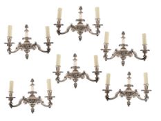 A SET OF SIX SILVERED OR CHROMED METAL TWIN BRANCH WALL LIGHTS IN 18TH CENTURY STYLE