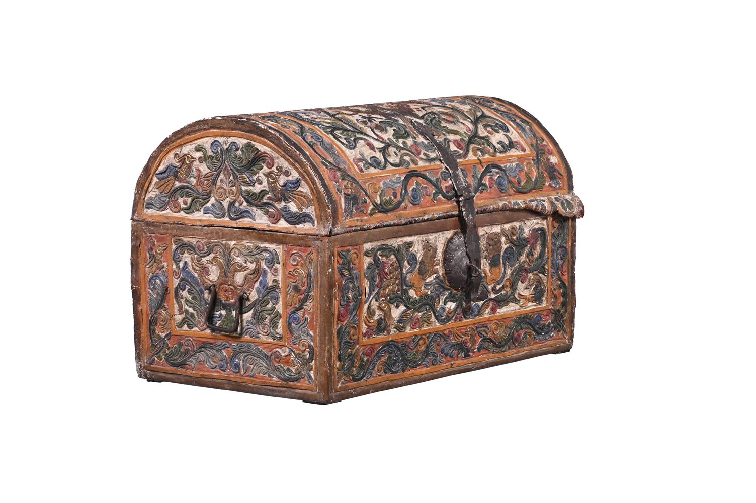 A SPANISH OR SPANISH COLONIAL TOOLED AND POLYCHROME LEATHER BOX