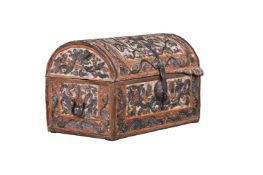 A SPANISH OR SPANISH COLONIAL TOOLED AND POLYCHROME LEATHER BOX