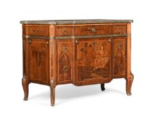 A FRENCH MARQUETRY INLAID COMMODE WITH MARBLE TOP