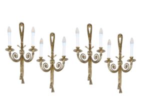 A SET OF FOUR GILT BRASS WALL LIGHTS IN FRENCH LATE 19TH CENTURY STYLE