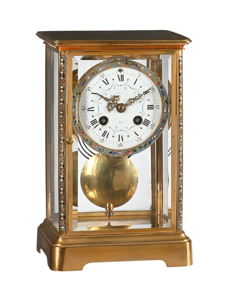 A FRENCH GILT BRASS AND CHAMPLEVE ENAMELLED FOUR-GLASS MANTEL CLOCK