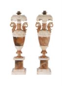 A PAIR OF TWO TONE ALABASTER TABLE LAMPS
