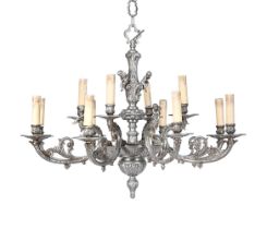 A SILVER COLOURED METAL TWELVE BRANCH CHANDELIER