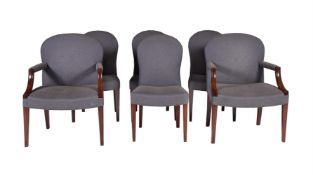 A SET OF TWELVE MAHOGANY AND BLUE UPHOLSTERED DINING CHAIRS