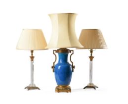 A FRENCH BLUE PORCELAIN AND GILT METAL MOUNTED TABLE LAMP