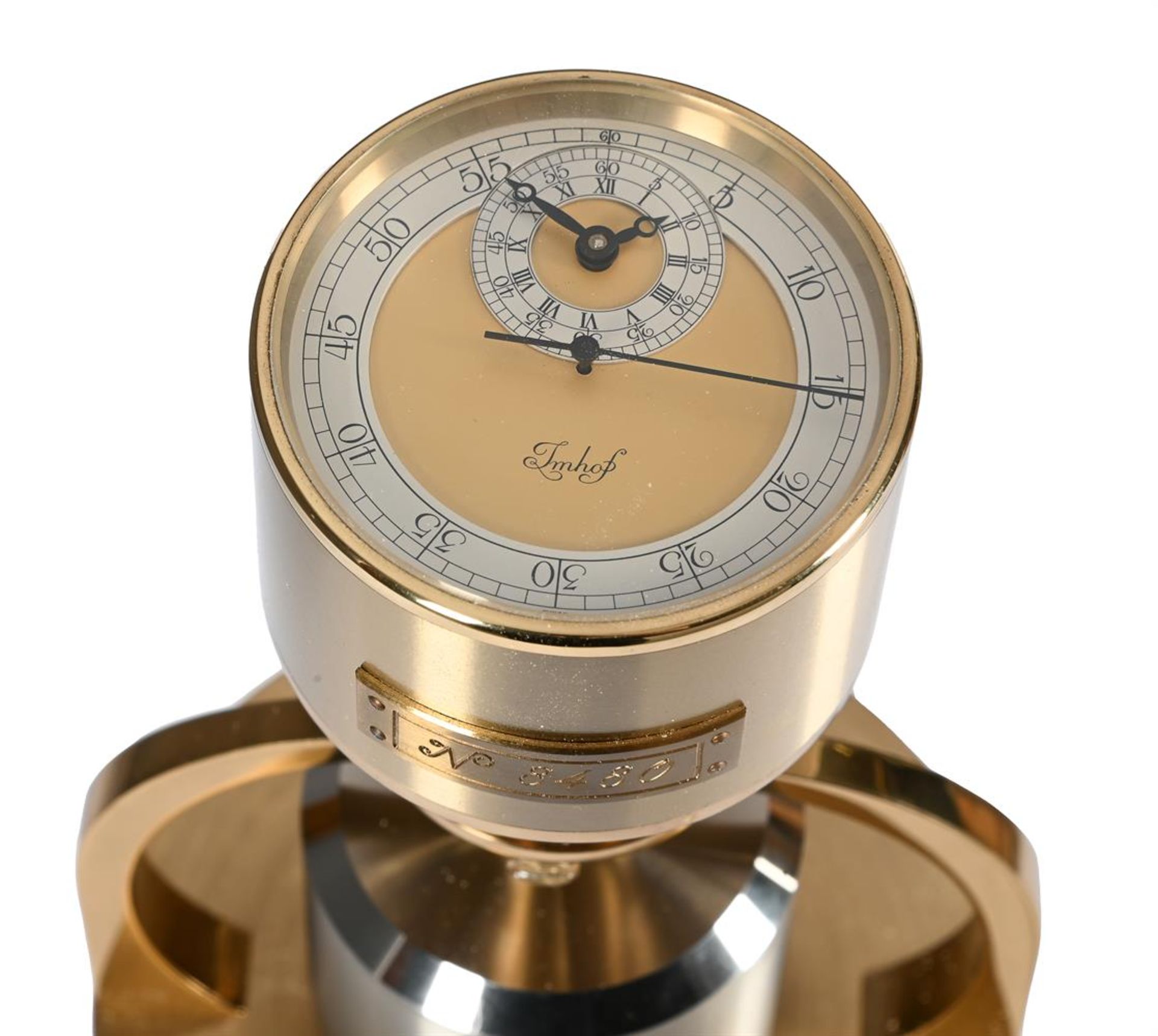 A SWISS CONTEMPORARY GILT AND CHROME PLATED BRASS GIMBALLED MARINE TIMEPIECE - Image 2 of 6