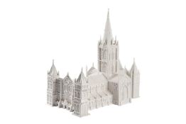 A WHITE PAINTED COMPOSITION AND WOOD SCRATCH BUILT MODEL OF A CHURCH