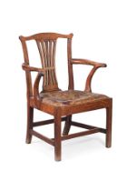 A GEORGE III ASH AND ELM COUNTRY OPEN ARMCHAIR