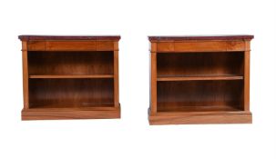 A PAIR OF WALNUT AND MARBLE TOPPED OPEN BOOKCASES