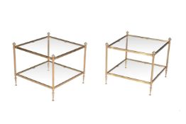 A PAIR OF BRASS TWO TIER ETAGERES IN THE MANNER OF MALLETT