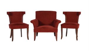A PAIR OF RED UPHOLSTERED MAHOGANY SIDE CHAIRS IN EMPIRE STYLE