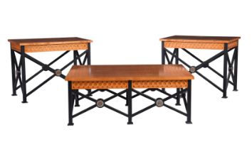A PAIR OF SATIN BIRCH AND WROUGHT IRON TABLES IN REGENCY STYLE