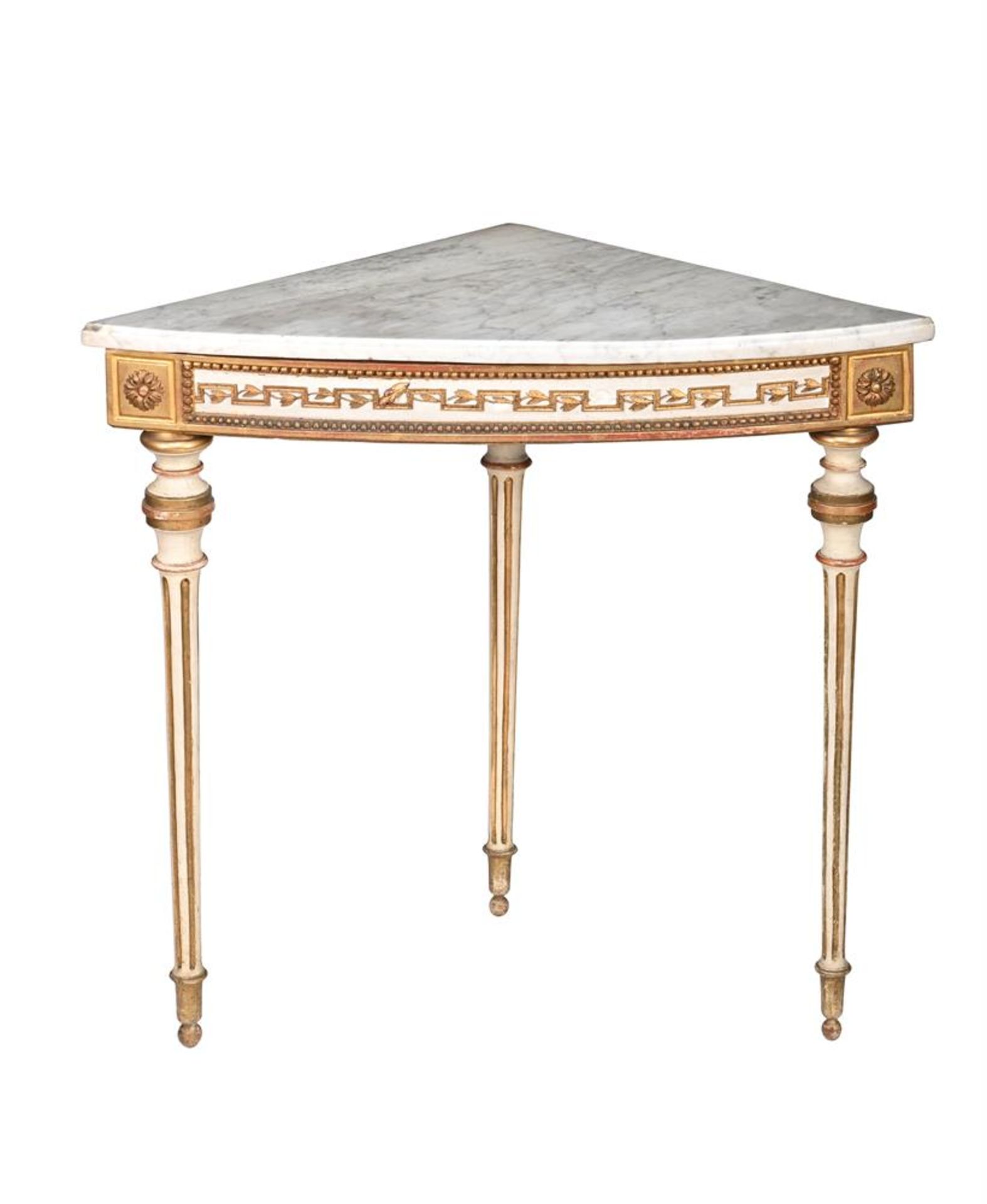 A SWEDISH PAINTED AND PARCEL GILT CORNER TABLE WITH MARBLE TOP