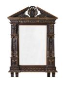 A LARGE ITALIAN CARVED OAK AND WALNUT AND PARCEL GILT MIRROR, 17TH CENTURY AND LATER