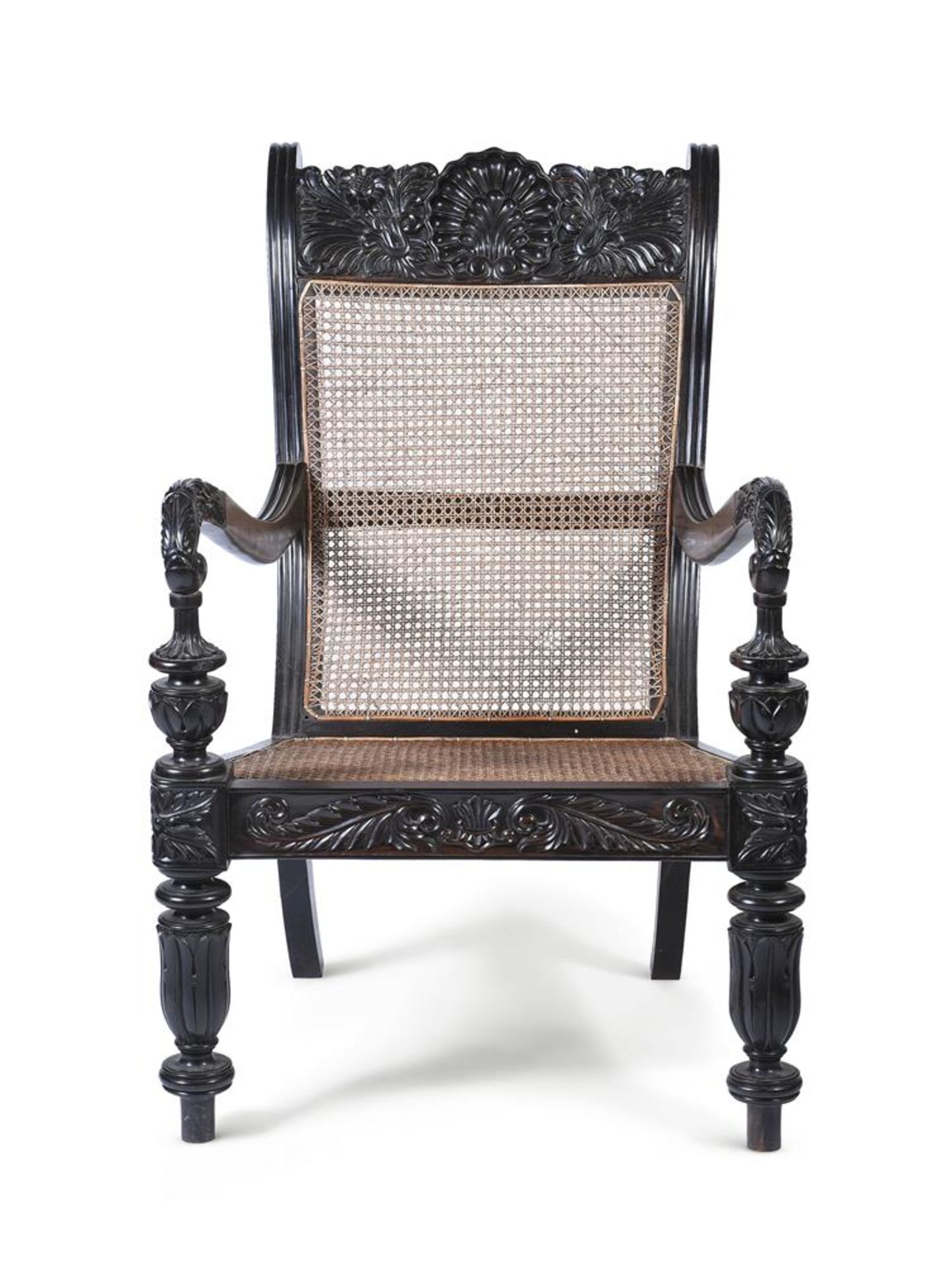 Y A CEYLONESE CARVED EBONY ARMCHAIR, PROBABLY GALLE DISTRICT, FIRST HALF 19TH CENTURY - Image 3 of 5