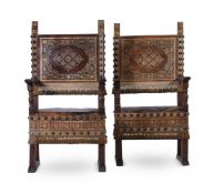 A PAIR OF ITALIAN WALNUT AND GILT TOOLED LEATHER ARMCHAIRS, 18TH CENTURY