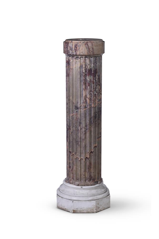 AN ITALIAN FLUTED WHITE AND VARIEGATED MARBLE PEDESTAL, 18TH CENTURY