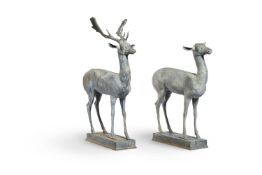 AFTER THE ANTIQUE MODELS OF HERCULANEUM - A PAIR OF LEAD DEER, 20TH CENTURY